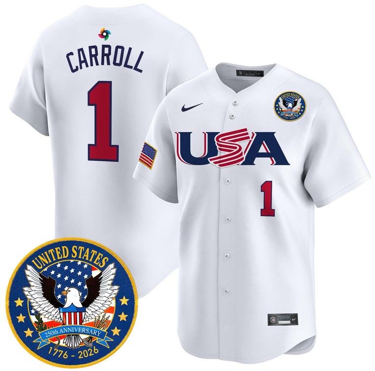 Men Team USA World Baseball Classic 250th Anniversary #1 Carroll white 2026 Roster Patch Vapor Jersey->los angeles dodgers->MLB Jersey
